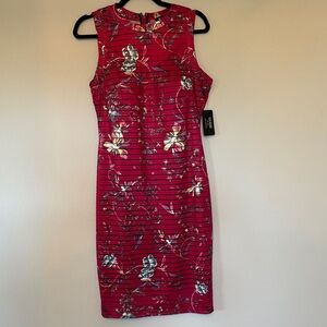 Red Sheath Midi Dress with Silver Accents Crew Neck